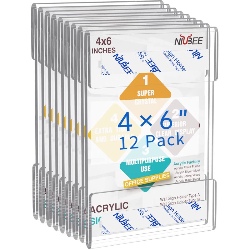 NIUBEE 4 x 6 inch Wall Mount Acrylic Sign Holder with Double Sided Adhesive Tape For Office, Home, Store, Restaurant, No Drilling - Vertical (12 Pack) - Image 1